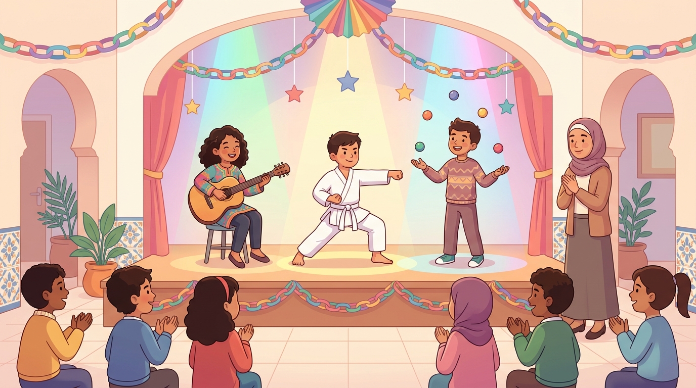 Sur la scène de l'école, une fille joue de la guitare, un garçon en kimono fait une démonstration de karaté et un autre jongle ; les élèves et une enseignante applaudissent